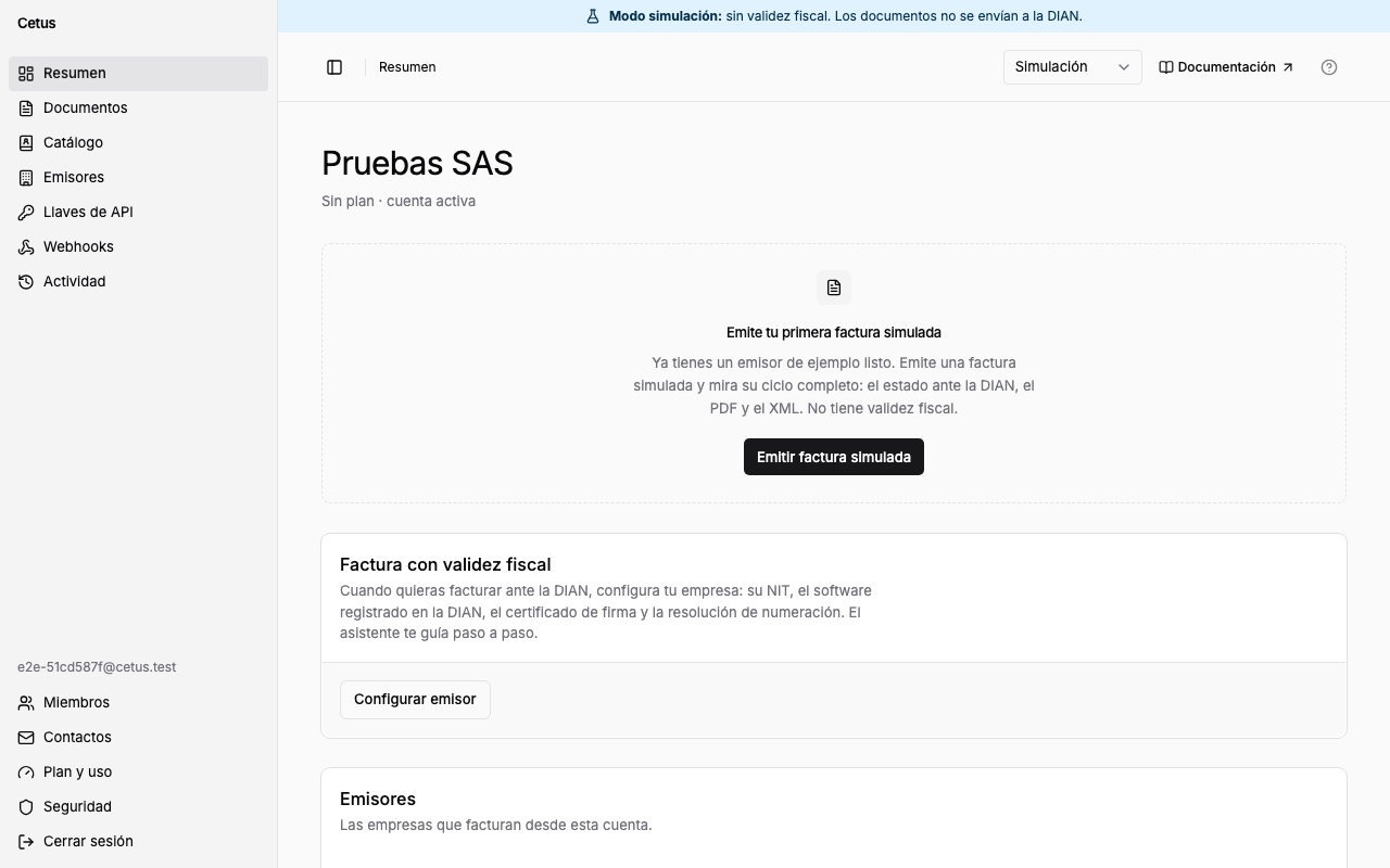 Resumen de una cuenta nueva, con la invitación a emitir la primera factura de prueba